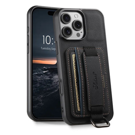 SUTENI H13 For iPhone 16 Pro Max Case Litchi Texture Leather+TPU+PC Cover with Card Holder Kickstand - Black