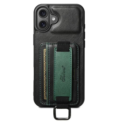SUTENI H13 For iPhone 16 Plus Case Card Holder Wristband Waxy Texture Leather+TPU+PC Cover
