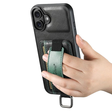 SUTENI H13 For iPhone 16 Plus Case Card Holder Wristband Waxy Texture Leather+TPU+PC Cover