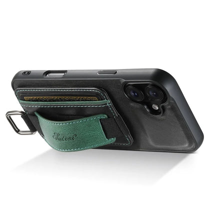 SUTENI H13 For iPhone 16 Plus Case Card Holder Wristband Waxy Texture Leather+TPU+PC Cover