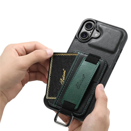SUTENI H13 For iPhone 16 Plus Case Card Holder Wristband Waxy Texture Leather+TPU+PC Cover
