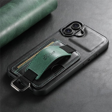 SUTENI H13 For iPhone 16 Plus Case Card Holder Wristband Waxy Texture Leather+TPU+PC Cover
