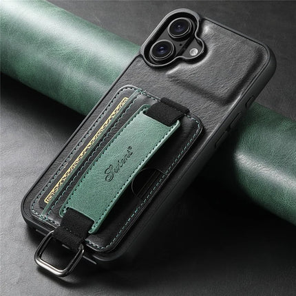 SUTENI H13 For iPhone 16 Plus Case Card Holder Wristband Waxy Texture Leather+TPU+PC Cover