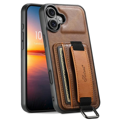 SUTENI H13 For iPhone 16 Plus Case Card Holder Wristband Waxy Texture Leather+TPU+PC Cover - Brown