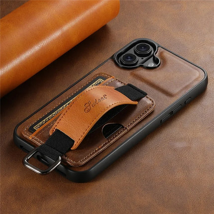 SUTENI H13 For iPhone 16 Plus Case Card Holder Wristband Waxy Texture Leather+TPU+PC Cover
