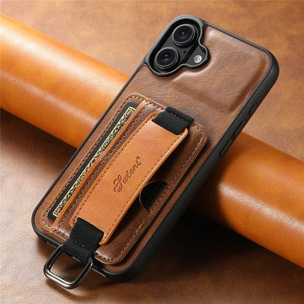 SUTENI H13 For iPhone 16 Plus Case Card Holder Wristband Waxy Texture Leather+TPU+PC Cover