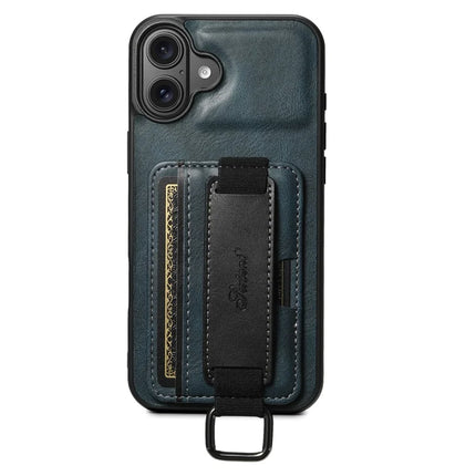 SUTENI H13 For iPhone 16 Plus Case Card Holder Wristband Waxy Texture Leather+TPU+PC Cover