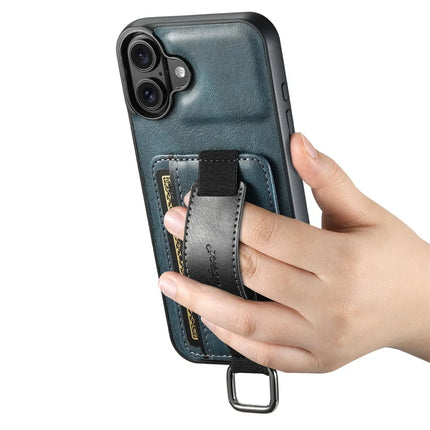 SUTENI H13 For iPhone 16 Plus Case Card Holder Wristband Waxy Texture Leather+TPU+PC Cover