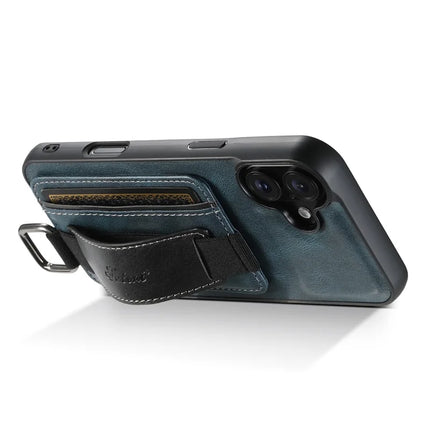 SUTENI H13 For iPhone 16 Plus Case Card Holder Wristband Waxy Texture Leather+TPU+PC Cover