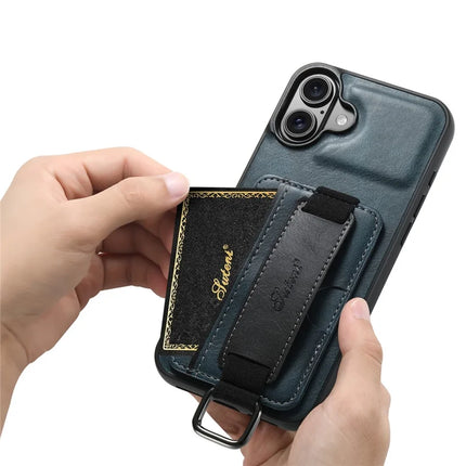 SUTENI H13 For iPhone 16 Plus Case Card Holder Wristband Waxy Texture Leather+TPU+PC Cover