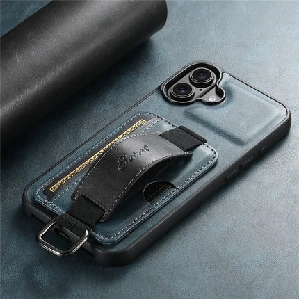 SUTENI H13 For iPhone 16 Plus Case Card Holder Wristband Waxy Texture Leather+TPU+PC Cover