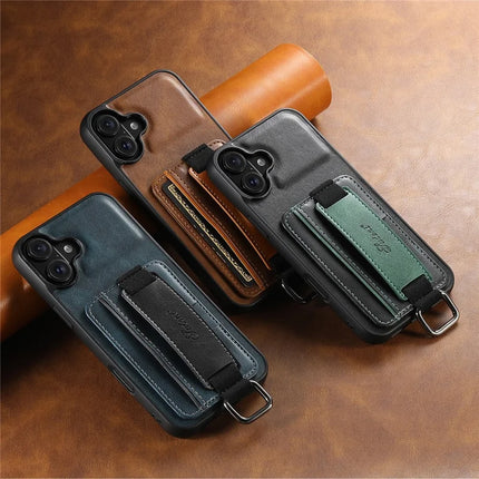 SUTENI H13 For iPhone 16 Plus Case Card Holder Wristband Waxy Texture Leather+TPU+PC Cover