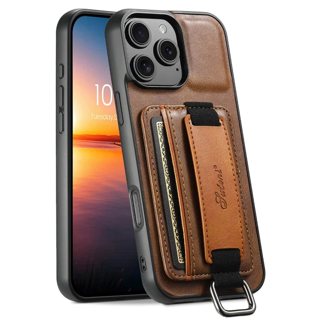 SUTENI H13 For iPhone 16 Pro Max Case Card Holder Wristband Waxy Texture Leather+TPU+PC Cover - Brown