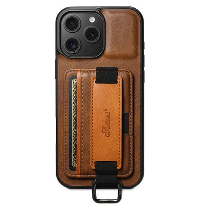 SUTENI H13 For iPhone 16 Pro Max Case Card Holder Wristband Waxy Texture Leather+TPU+PC Cover
