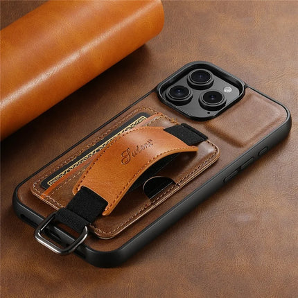 SUTENI H13 For iPhone 16 Pro Max Case Card Holder Wristband Waxy Texture Leather+TPU+PC Cover