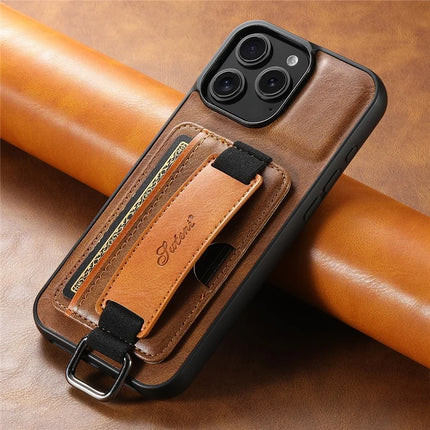 SUTENI H13 For iPhone 16 Pro Max Case Card Holder Wristband Waxy Texture Leather+TPU+PC Cover