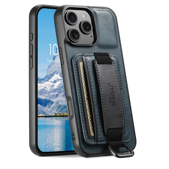 SUTENI H13 For iPhone 16 Pro Max Case Card Holder Wristband Waxy Texture Leather+TPU+PC Cover - Blue
