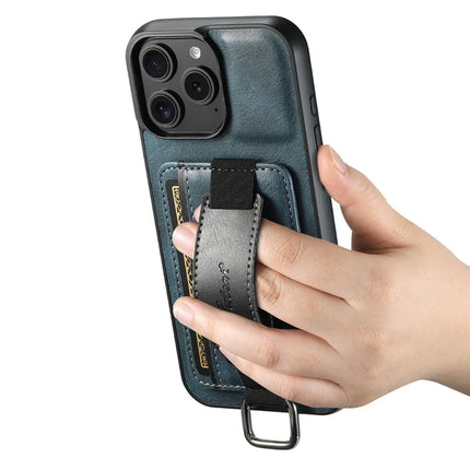 SUTENI H13 For iPhone 16 Pro Max Case Card Holder Wristband Waxy Texture Leather+TPU+PC Cover