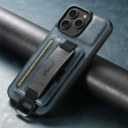 SUTENI H13 For iPhone 16 Pro Max Case Card Holder Wristband Waxy Texture Leather+TPU+PC Cover