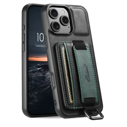SUTENI H13 For iPhone 16 Pro Max Case Card Holder Wristband Waxy Texture Leather+TPU+PC Cover - Black