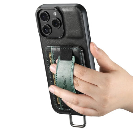 SUTENI H13 For iPhone 16 Pro Max Case Card Holder Wristband Waxy Texture Leather+TPU+PC Cover