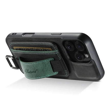 SUTENI H13 For iPhone 16 Pro Max Case Card Holder Wristband Waxy Texture Leather+TPU+PC Cover
