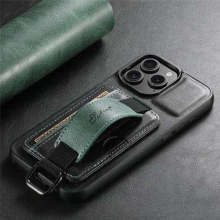 SUTENI H13 For iPhone 16 Pro Max Case Card Holder Wristband Waxy Texture Leather+TPU+PC Cover