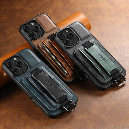 SUTENI H13 For iPhone 16 Pro Max Case Card Holder Wristband Waxy Texture Leather+TPU+PC Cover