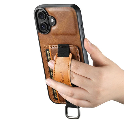 SUTENI H13 For iPhone 16 Case Card Holder Wristband Waxy Texture Leather+TPU+PC Cover