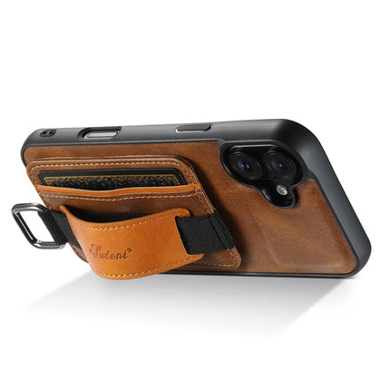SUTENI H13 For iPhone 16 Case Card Holder Wristband Waxy Texture Leather+TPU+PC Cover