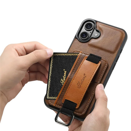 SUTENI H13 For iPhone 16 Case Card Holder Wristband Waxy Texture Leather+TPU+PC Cover
