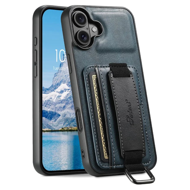 SUTENI H13 For iPhone 16 Case Card Holder Wristband Waxy Texture Leather+TPU+PC Cover - Blue