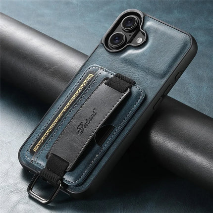 SUTENI H13 For iPhone 16 Case Card Holder Wristband Waxy Texture Leather+TPU+PC Cover