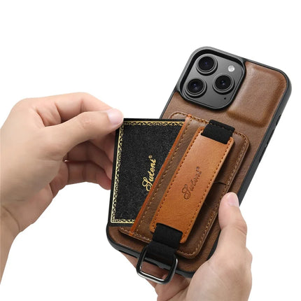 SUTENI H13 For iPhone 16 Pro Case Card Holder Wristband Waxy Texture Leather+TPU+PC Cover