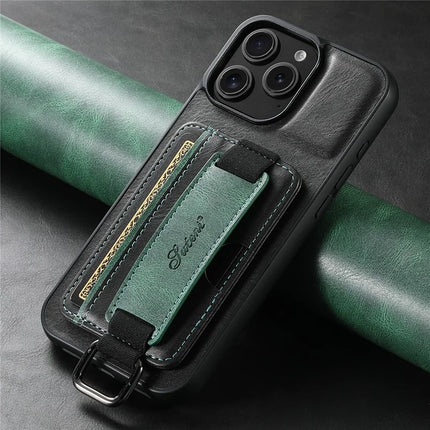 SUTENI H13 For iPhone 16 Pro Case Card Holder Wristband Waxy Texture Leather+TPU+PC Cover