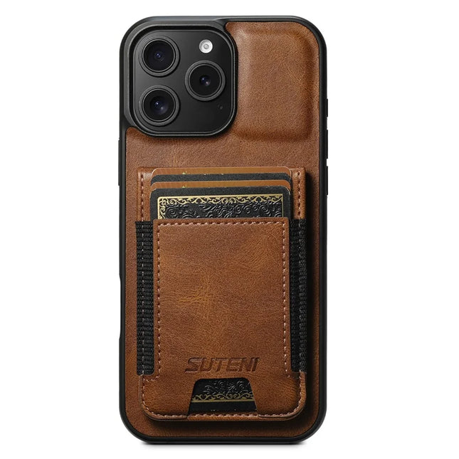 SUTENI H03 For iPhone 16 Pro Max Case Card Holder Waxy Texture Leather+TPU Phone Cover - Brown