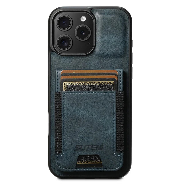 SUTENI H03 For iPhone 16 Pro Max Case Card Holder Waxy Texture Leather+TPU Phone Cover - Blue