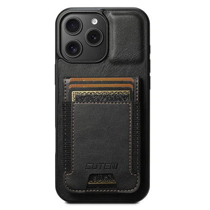 SUTENI H03 For iPhone 16 Pro Max Case Card Holder Waxy Texture Leather+TPU Phone Cover - Black