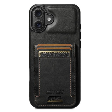 SUTENI H03 For iPhone 16 Plus Case Card Holder Waxy Texture Leather+TPU Phone Cover - Black