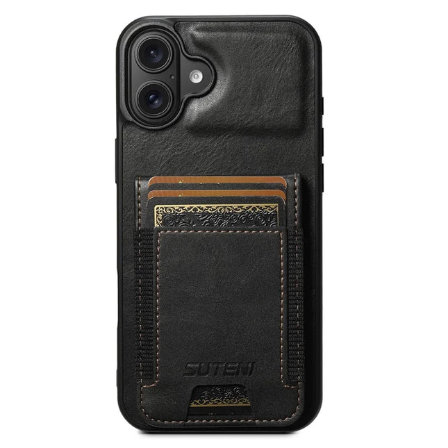 SUTENI H03 For iPhone 16 Plus Case Card Holder Waxy Texture Leather+TPU Phone Cover - Black