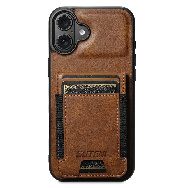 SUTENI H03 For iPhone 16 Plus Case Card Holder Waxy Texture Leather+TPU Phone Cover - Brown