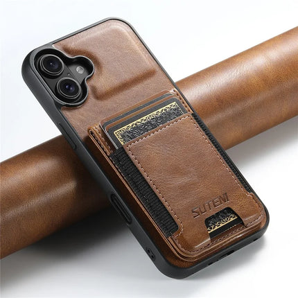 SUTENI H03 For iPhone 16 Plus Case Card Holder Waxy Texture Leather+TPU Phone Cover