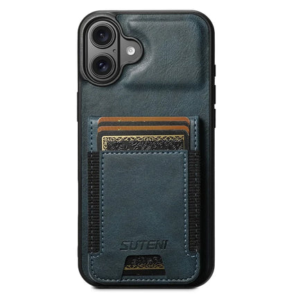 SUTENI H03 For iPhone 16 Plus Case Card Holder Waxy Texture Leather+TPU Phone Cover - Blue