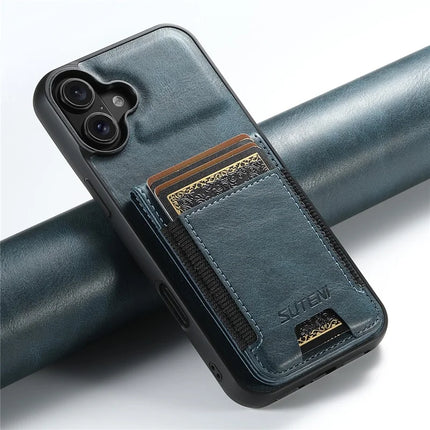 SUTENI H03 For iPhone 16 Plus Case Card Holder Waxy Texture Leather+TPU Phone Cover