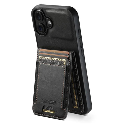 SUTENI H03 For iPhone 16 Case Card Holder Waxy Texture Leather+TPU Phone Cover