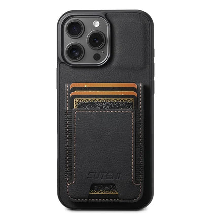 SUTENI H03 For iPhone 16 Pro Max Case Card Holder Kickstand Litchi Texture Leather+TPU Phone Cover - Black
