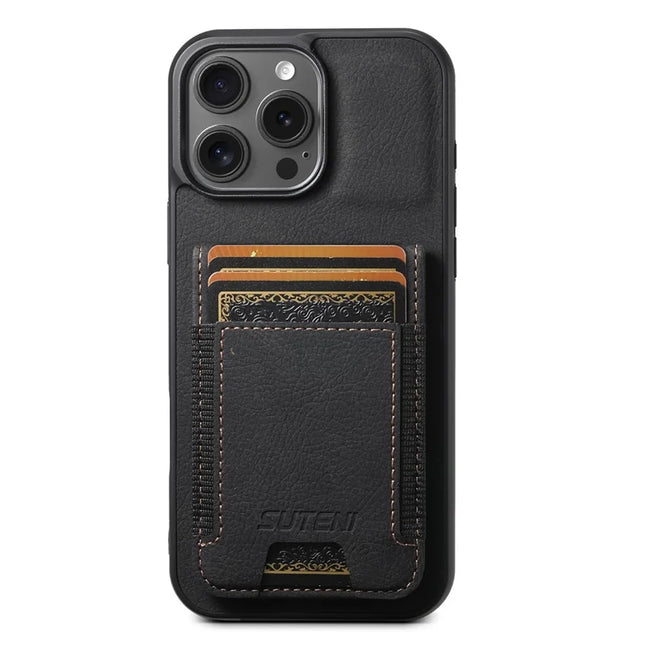 SUTENI H03 For iPhone 16 Pro Max Case Card Holder Kickstand Litchi Texture Leather+TPU Phone Cover - Black