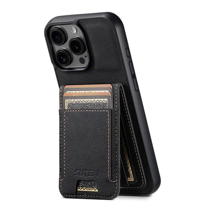 SUTENI H03 For iPhone 16 Pro Max Case Card Holder Kickstand Litchi Texture Leather+TPU Phone Cover