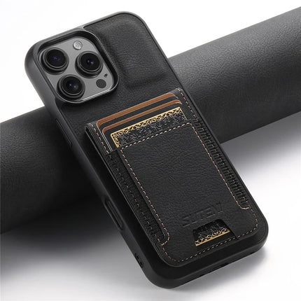 SUTENI H03 For iPhone 16 Pro Max Case Card Holder Kickstand Litchi Texture Leather+TPU Phone Cover
