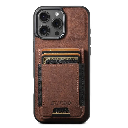 SUTENI H03 For iPhone 16 Pro Max Case Card Holder Kickstand Litchi Texture Leather+TPU Phone Cover - Brown